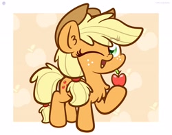 Size: 3250x2560 | Tagged: safe, artist:kimjoman, derpibooru import, applejack, earth pony, pony, apple, applejack's hat, chest fluff, chibi, cowboy hat, cute, ear fluff, food, freckles, hat, hoof hold, jackabetes, looking at you, one eye closed, open mouth, raised hoof, smiling, solo, wink