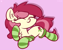 Size: 3250x2560 | Tagged: safe, artist:kimjoman, derpibooru import, roseluck, earth pony, pony, chest fluff, clothes, cute, cuteluck, ear fluff, eyes closed, female, lying down, mare, pink background, prone, raised hoof, simple background, socks, solo, striped socks