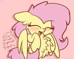 Size: 3250x2560 | Tagged: safe, artist:kimjoman, derpibooru import, fluttershy, pegasus, pony, blatant lies, blushing, bust, cheek fluff, chest fluff, cute, dialogue, ear fluff, eyes closed, female, floppy ears, heart, hooves to the chest, mare, no u, open mouth, pink background, raised hoof, shyabetes, simple background, smiling, solo, spread wings, three quarter view, weapons-grade cute, wings