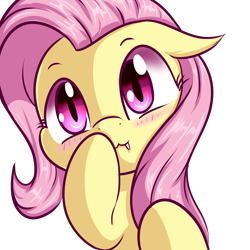 Size: 1600x1600 | Tagged: safe, artist:magician-horse, derpibooru import, fluttershy, bat pony, pony, :3, bat ponified, blushing, bust, covering mouth, cute, fangs, female, floppy ears, flutterbat, full face view, looking at you, mare, portrait, race swap, raised hoof, red eyes, shyabates, shyabetes, simple background, solo, transparent background