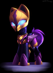 Size: 2200x3000 | Tagged: safe, alternate version, artist:shido-tara, derpibooru import, oc, oc only, pegasus, armor, commission, helmet, looking at you, pegasus oc, robotic helmet, simple background, wings