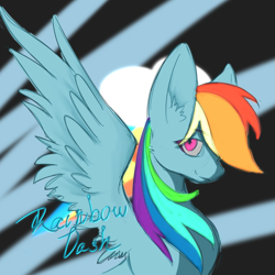 Size: 1063x1063 | Tagged: source needed, safe, artist:eric0999, derpibooru import, rainbow dash, pegasus, pony, bust, cutie mark background, ear fluff, female, looking at you, mare, name, portrait, profile, smiling, solo, spread wings, wings