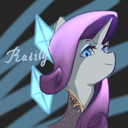 Size: 1063x1063 | Tagged: source needed, safe, artist:eric0999, derpibooru import, rarity, pony, unicorn, bust, clothes, cutie mark background, female, horn, looking at you, looking down, looking down at you, mare, name, portrait, smiling, solo, three quarter view