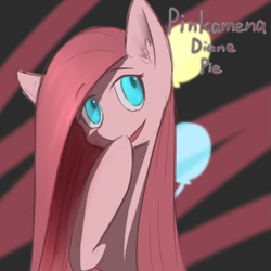 Size: 1063x1063 | Tagged: source needed, safe, artist:eric0999, derpibooru import, pinkie pie, earth pony, pony, bust, covering mouth, cutie mark background, ear fluff, eyebrows visible through hair, female, looking at you, mare, name, open mouth, pinkamena diane pie, portrait, raised hoof, solo, three quarter view