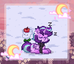 Size: 307x268 | Tagged: safe, artist:einkawans, derpibooru import, starlight glimmer, alicorn, pony, alicornified, apple, clothes, cloud, crescent moon, eyes closed, food, lying down, moon, onomatopoeia, outdoors, pixel art, pony town, prone, race swap, scarf, sleeping, snow, solo, sound effects, starlicorn, xk-class end-of-the-world scenario, zzz