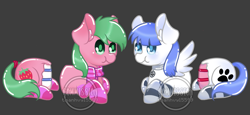 Size: 1657x765 | Tagged: safe, artist:thanhvy15599, derpibooru import, oc, oc only, oc:pine berry, oc:snow pup, earth pony, pegasus, pony, bisection, blue eyes, cake, chibi, clothes, collar, commission, earth pony oc, everything is cake, food, gray background, green eyes, half, modular, obtrusive watermark, pegasus oc, scarf, simple background, socks, striped socks, watermark, wings, ych sketch, your character here