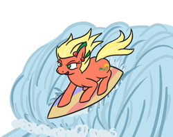 Size: 732x576 | Tagged: safe, artist:jargon scott, derpibooru import, oc, oc only, oc:bahama nectar, earth pony, pony, ear piercing, earring, female, jewelry, mare, open mouth, piercing, smiling, solo, surfboard, surfing, water, wave