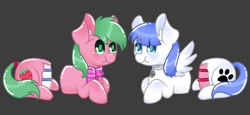 Size: 1326x612 | Tagged: safe, artist:thanhvy15599, derpibooru import, oc, oc only, oc:pine berry, oc:snow pup, earth pony, pegasus, pony, bisection, blue eyes, cake, chibi, clothes, collar, commission, earth pony oc, everything is cake, food, gray background, green eyes, half, modular, pegasus oc, scarf, simple background, wings, ych sketch, your character here