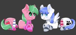 Size: 1326x612 | Tagged: safe, alternate version, artist:thanhvy15599, derpibooru import, oc, oc only, oc:pine berry, oc:snow pup, earth pony, pegasus, pony, bisection, blue eyes, cake, chibi, clothes, collar, commission, earth pony oc, everything is cake, food, gray background, green eyes, half, modular, pegasus oc, scarf, simple background, socks, striped socks, wings, ych sketch, your character here