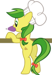 Size: 363x520 | Tagged: safe, artist:nano23823, derpibooru import, apple fritter, earth pony, pony, .svg available, apple family member, bipedal, bipedal leaning, butt, female, hat, leaning, mare, mouth hold, plot, simple background, solo, svg, transparent background, vector
