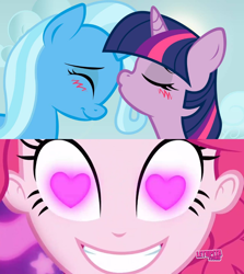 Size: 852x955 | Tagged: safe, derpibooru import, edit, edited screencap, screencap, pinkie pie, trixie, twilight sparkle, coinky-dink world, eqg summertime shorts, equestria girls, blushing, female, heart eyes, lesbian, meme, pinkie's eyes, shipping, twixie, wingding eyes