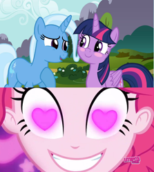 Size: 852x955 | Tagged: safe, derpibooru import, edit, edited screencap, screencap, trixie, twilight sparkle, twilight sparkle (alicorn), alicorn, coinky-dink world, eqg summertime shorts, equestria girls, blushing, female, heart eyes, lesbian, meme, pinkie's eyes, shipping, shipping domino, twixie, wingding eyes