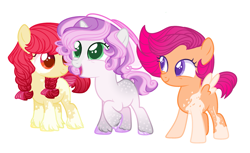 Size: 2585x1585 | Tagged: safe, artist:thieeur-nawng, derpibooru import, apple bloom, scootaloo, sweetie belle, earth pony, pegasus, pony, unicorn, alternate design, alternate hairstyle, base used, coat markings, cutie mark crusaders, dappled, hat, open mouth, raised hoof, redesign, simple background, smiling, unshorn fetlocks, white background