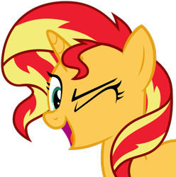 Size: 591x595 | Tagged: safe, artist:nano23823, derpibooru import, sunset shimmer, pony, unicorn, equestria girls, .svg available, absurd resolution, bust, female, looking at you, one eye closed, open mouth, portrait, simple background, smiling, solo, svg, transparent background, vector, wink