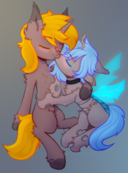 Size: 936x1264 | Tagged: safe, artist:starrcoma, derpibooru import, oc, oc only, changeling, pony, unicorn, blue changeling, kissing