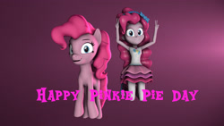 Size: 3840x2160 | Tagged: safe, artist:fazbearsparkle, derpibooru import, pinkie pie, earth pony, pony, better together, equestria girls, 3d, duality, grin, human ponidox, joy, jumping, looking at you, pinkie pie day, pinkie pie day 2020, self ponidox, smiling, source filmmaker