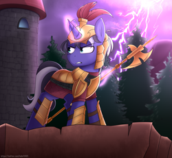 Size: 4887x4500 | Tagged: safe, artist:feital-zebra, derpibooru import, oc, oc:procellus, pony, unicorn, armor, castle, halberd, helmet, lightning, magic, male, solo, stallion, telekinesis, weapon