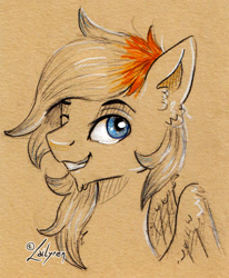 Size: 938x1140 | Tagged: safe, artist:lailyren, derpibooru import, oc, oc only, oc:shade flash, pegasus, pony, bust, ear fluff, folded wings, limited palette, looking at you, male, one eye closed, signature, smiling, solo, stallion, traditional art, wings, wink