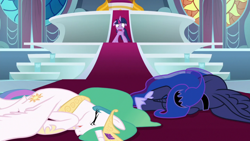 Size: 1920x1080 | Tagged: safe, derpibooru import, screencap, princess celestia, princess luna, twilight sparkle, twilight sparkle (alicorn), alicorn, pony, the ending of the end, floppy ears, satisfying frown, throne