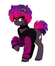 Size: 572x683 | Tagged: safe, artist:moetempura, derpibooru import, oc, oc only, oc:dib, earth pony, pony, chest freckles, choker, clothes, cutie mark, ear piercing, earth pony oc, female, freckles, hoodie, hooves, mare, piercing, simple background, solo, sweater, transparent background