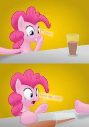 Size: 2101x3000 | Tagged: safe, artist:bladedragoon7575, derpibooru import, pinkie pie, earth pony, pony, chocolate, chocolate milk, exploitable meme, female, fourth wall, giggling, mare, meme, milk, pinkie being pinkie, pinkie logic, pure unfiltered evil, simple background, spilled milk, surprised, xk-class end-of-the-world scenario, yellow background