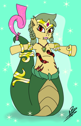 Size: 1200x1848 | Tagged: safe, alternate version, artist:shappy the lamia, derpibooru import, oc, oc:shappy, earth pony, hybrid, lamia, original species, pony, arabian pony, arabic, beautiful, belly button, belly dance, belly dancer, belly dancer outfit, bracelet, braid, clothes, cute, dancer, dancing, diamond, eye contact, fangs, front view, gem, genie, gold, green mane, hips, jewelry, knot, lips, lipstick, looking at each other, necklace, pigtails, red eyes, scales, shantae, shiny, short mane, skirt, slit eyes, snake eyes, snake tail, solo, tiara, yellow