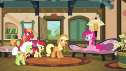 Size: 1280x720 | Tagged: safe, derpibooru import, screencap, apple bloom, applejack, big macintosh, granny smith, pinkie pie, earth pony, pony, pinkie apple pie, butt, female, male, mare, plot, stallion