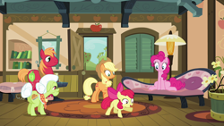 Size: 1280x720 | Tagged: safe, derpibooru import, screencap, apple bloom, applejack, big macintosh, granny smith, pinkie pie, earth pony, pony, pinkie apple pie, butt, excited, female, male, mare, plot, stallion