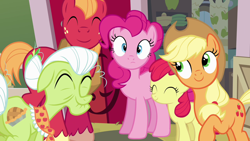 Size: 1280x720 | Tagged: safe, derpibooru import, screencap, apple bloom, applejack, big macintosh, granny smith, pinkie pie, earth pony, pony, pinkie apple pie, female, male, mare, stallion