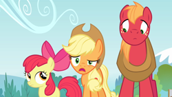 Size: 1280x720 | Tagged: safe, derpibooru import, screencap, apple bloom, applejack, big macintosh, earth pony, pony, pinkie apple pie, female, filly, male, mare, stallion