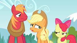 Size: 1280x720 | Tagged: safe, derpibooru import, screencap, apple bloom, applejack, big macintosh, earth pony, pony, pinkie apple pie, female, filly, male, mare, stallion