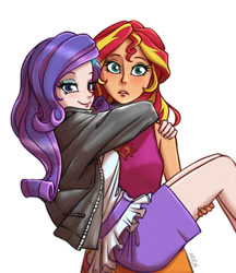 Size: 830x959 | Tagged: safe, artist:ilacavgbmjc, derpibooru import, rarity, sunset shimmer, equestria girls, clothes, female, jacket, kotobukiya, kotobukiya rarity, kotobukiya sunset shimmer, lesbian, miniskirt, shipping, skirt, sleeveless, sunsarity