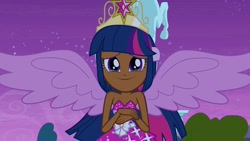 Size: 1920x1080 | Tagged: safe, color edit, derpibooru import, edit, edited screencap, screencap, twilight sparkle, equestria girls, equestria girls (movie), bare shoulders, clothes, dark skin, dress, element of magic, gala dress, ponied up, skin color edit, sleeveless, solo, strapless, teary eyes