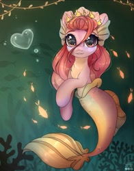 Size: 1645x2093 | Tagged: safe, artist:reterica, derpibooru import, oc, oc only, fish, merpony, original species, adoptable, bubble, chest fluff, female, heart, looking at you, solo, swimming, underwater