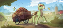 Size: 4096x1822 | Tagged: safe, artist:helmie-art, derpibooru import, oc, oc only, earth pony, pony, apple, barn, commission, field, food, male, scenery, silo, solo, stallion, straw in mouth, wagon, walking