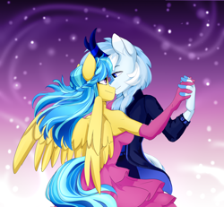 Size: 3000x2776 | Tagged: safe, artist:shooshaa, derpibooru import, oc, oc only, oc:code quill, oc:jeppesen, anthro, kirin, pegasus, abstract background, alternate hairstyle, anthro oc, armpits, ballroom dancing, braid, breasts, chest fluff, clothes, dancing, dress, evening dress, evening gloves, female, flower, flower in hair, formal dress, formal wear, gloves, holding hands, horn, interspecies, kirin oc, long gloves, looking at each other, male, mare, pegasus oc, pink dress, shipping, stallion, suit, tail, wings