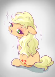 Size: 1032x1457 | Tagged: safe, artist:mochi_nation, derpibooru import, applejack, earth pony, pony, alternate hairstyle, cute, female, floppy ears, hatless, jackabetes, lidded eyes, looking back, loose hair, mare, missing accessory, open mouth, sitting, solo, sparkles