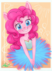 Size: 640x874 | Tagged: safe, artist:mn27, derpibooru import, pinkie pie, equestria girls, bare shoulders, breasts, cleavage, clothes, cute, diapinkes, dress, female, hands together, happy, looking at you, ponied up, smiling, solo, strapless