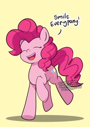 Size: 1024x1449 | Tagged: safe, artist:shujiwakahisaa, derpibooru import, pinkie pie, earth pony, pony, cute, dialogue, diapinkes, eyes closed, female, mare, open mouth, simple background, smiling, solo, yellow background