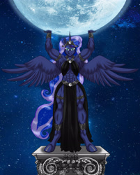 Size: 2835x3532 | Tagged: safe, artist:ponymaan, derpibooru import, princess luna, alicorn, anthro, unguligrade anthro, abs, armpits, breasts, female, full moon, goddess, holding, looking at you, mare, moon, muscles, muscular female, praise the moon, princess balloona, princess muscle moona, solo, spread wings, tangible heavenly object, wings