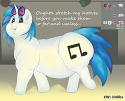 Size: 2500x2017 | Tagged: safe, artist:lupin quill, derpibooru import, dj pon-3, vinyl scratch, pony, unicorn, series:vinyl scratch weight gain drive, :p, belly, belly button, big belly, bingo wings, butt, chest fluff, chubby, chubby cheeks, dialogue, double chin, fat, fat fetish, fetish, incentive drive, large butt, looking at you, lying down, obese, plot, rolls of fat, solo, speakers, studio lights, sunglasses, talking to viewer, tongue out, vinyl fat, waddle, walking, weight gain sequence