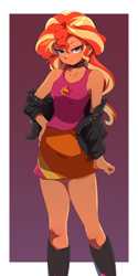 Size: 2000x4000 | Tagged: safe, artist:rockset, sunset shimmer, human, equestria girls, choker, gyaru, hand on hip, humanized, lidded eyes, lipstick, nail polish, off shoulder, solo