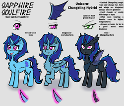 Size: 2535x2158 | Tagged: safe, artist:shinycyan, oc, oc only, oc:sapphire soulfire, alicorn, bat pony, bat pony alicorn, changeling, changeling queen, changepony, hybrid, unicorn, alicorn oc, angry, bat pony oc, bat sapphire soulfire, bat wings, bug sapphire soulfire, changeling oc, changeling queen oc, chest fluff, commissioner:sapphie, ear fluff, eyes, fangs, female, fluffy, frown, glowing horn, happy, horn, mare, open mouth, pink eyes, raised hoof, simple background, smiling, smug, text, unicorn oc, unicorn sapphire soulfire, white background, wings