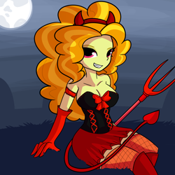 Size: 3000x3000 | Tagged: safe, artist:tjpones, adagio dazzle, equestria girls, adagiazonga dazzle, boots, bow, breasts, cleavage, clothes, corset, costume, devil costume, devil horns, evening gloves, fishnets, full moon, gloves, halloween, halloween costume, holiday, long gloves, looking at you, moon, pitchfork, shoes, skirt, smiling, solo, spaded tail