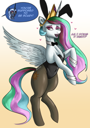 Size: 2480x3508 | Tagged: safe, artist:nire, derpibooru import, nightmare moon, princess celestia, princess luna, alicorn, pony, animal costume, belly button, bowtie, bunny ears, bunny suit, bunnylestia, clothes, collar, costume, cuffs (clothes), dialogue, duo, eyeliner, eyeshadow, female, floating heart, gradient background, halloween, halloween costume, heart, holiday, horn, leotard, lipstick, makeup, mare, nightmare night, one eye closed, pantyhose, playboy bunny, pose, see-through, smiling at you, spread wings, stupid sexy celestia, wings, wink, winking at you