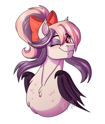 Size: 2800x3300 | Tagged: safe, artist:jack-pie, derpibooru import, oc, oc only, oc:sweet velvet, bat pony, pony, bat pony oc, bat wings, beautiful, bow, bust, chest fluff, commission, cute, female, high res, mare, one eye closed, pretty, simple background, slit eyes, smiling, solo, transparent background, wavy mouth, wings, wink