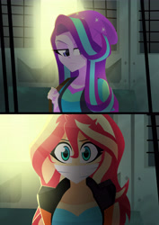 Size: 3949x5574 | Tagged: safe, artist:xan-gelx, derpibooru import, starlight glimmer, sunset shimmer, equestria girls, absurd resolution, backpack, beanie, cloth gag, commission, duo, gag, hat, lidded eyes