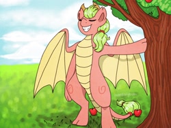 Size: 2048x1536 | Tagged: safe, artist:incendiaryboobs, derpibooru import, applejack, spike, dragon, earth pony, hybrid, pony, apple, apple tree, bipedal, bipedal leaning, cowboy hat, dragoness, female, food, fusion, hat, leaning, mare, outdoors, signature, solo, stetson, tree