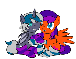 Size: 1011x791 | Tagged: safe, artist:icey-wicey-1517, artist:kb-gamerartist, color edit, derpibooru import, edit, oc, oc only, oc:elizabat stormfeather, oc:jade the pegasus, alicorn, bat pony, bat pony alicorn, pegasus, pony, collaboration, alicorn oc, bat pony oc, bat wings, clothes, colored, duo, female, grin, horn, hug, mare, one eye closed, raised hoof, simple background, sitting, smiling, socks, striped socks, transparent background, wings, wink