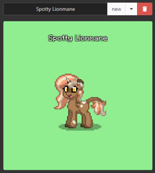 Size: 416x465 | Tagged: safe, derpibooru import, oc, oc:spotty lionmane, pony, unicorn, female, horn, leonine tail, open mouth, pony town, spots, two toned mane, two toned tail, unshorn fetlocks